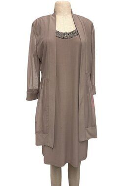 R&M Collection Taupe Dress & Sheer Cardigan Set Size 10 Beaded Neckline Elegant